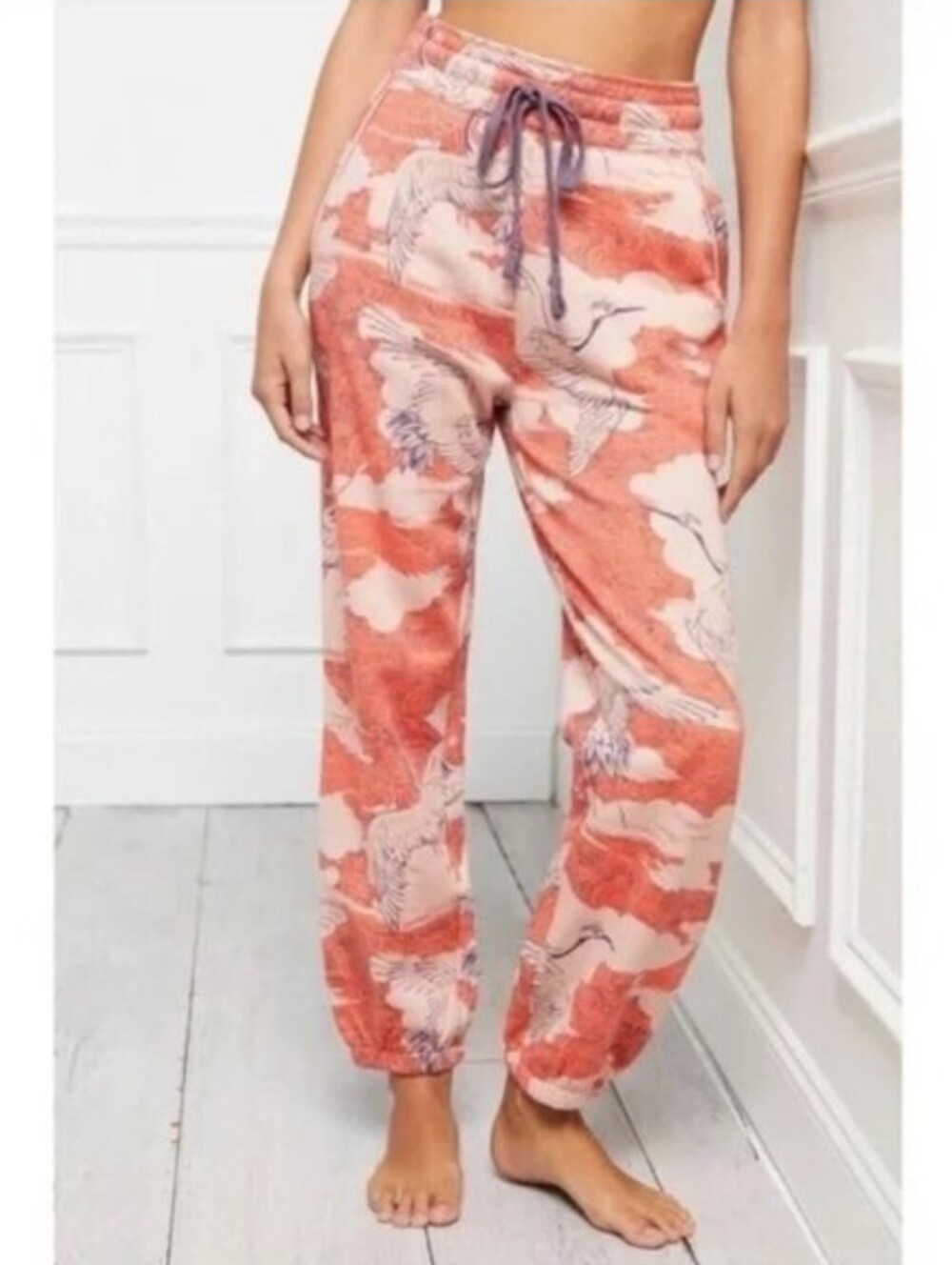 Anthropologie Coral and Cream Bird-Print Jogger Pants